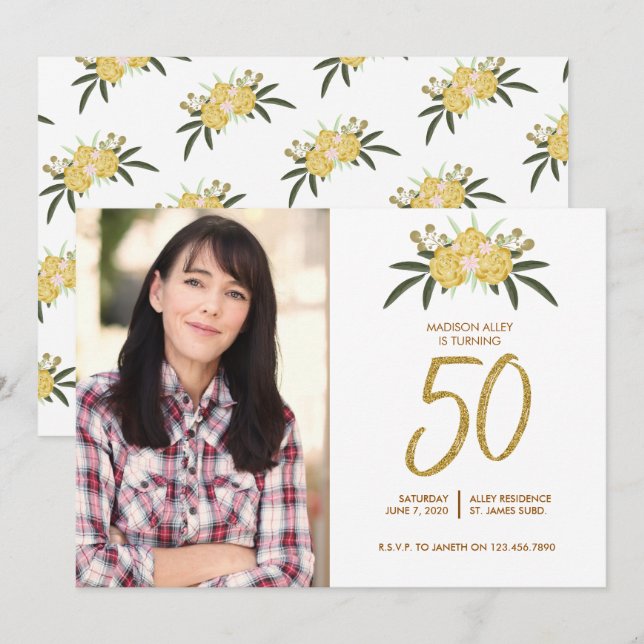 Gold Glitzer Rose & Botanische Blätter 50. Geburts Einladung (Vorne/Hinten)