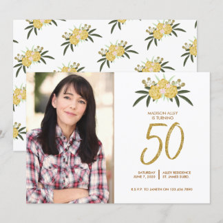 Gold Glitzer Rose & Botanische Blätter 50. Geburts Einladung