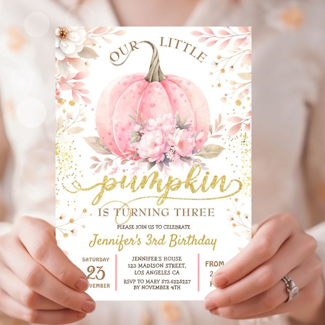 Gold Glitzer Rose Floral Girl Pumpkin 3. Geburtsta Einladung (Von Creator hochgeladen)