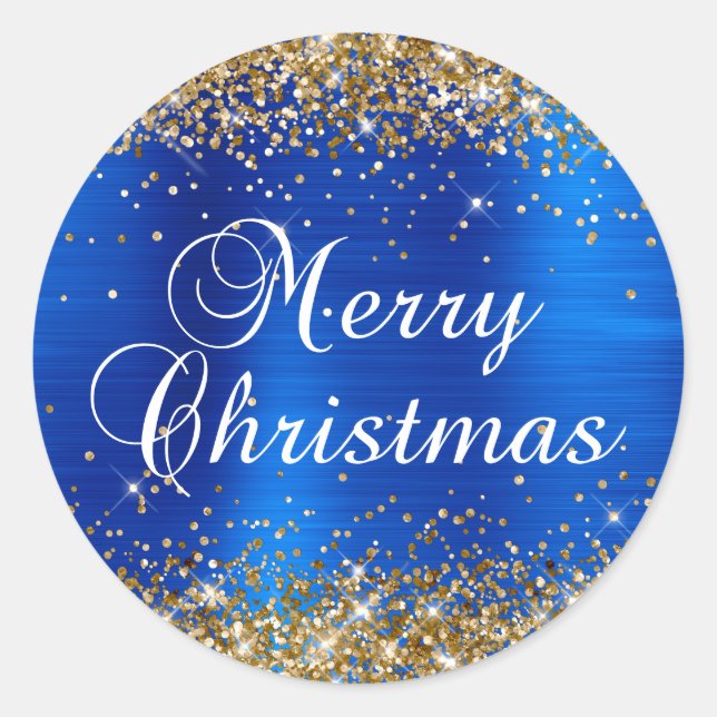 Gold Glitzer Royal Blue Foil Frohe Weihnachten Runder Aufkleber (Vorderseite)