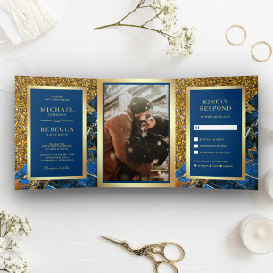 Gold Glitzer Royal Blue Marble Foto Wedding Dreifach Gefaltete Einladung