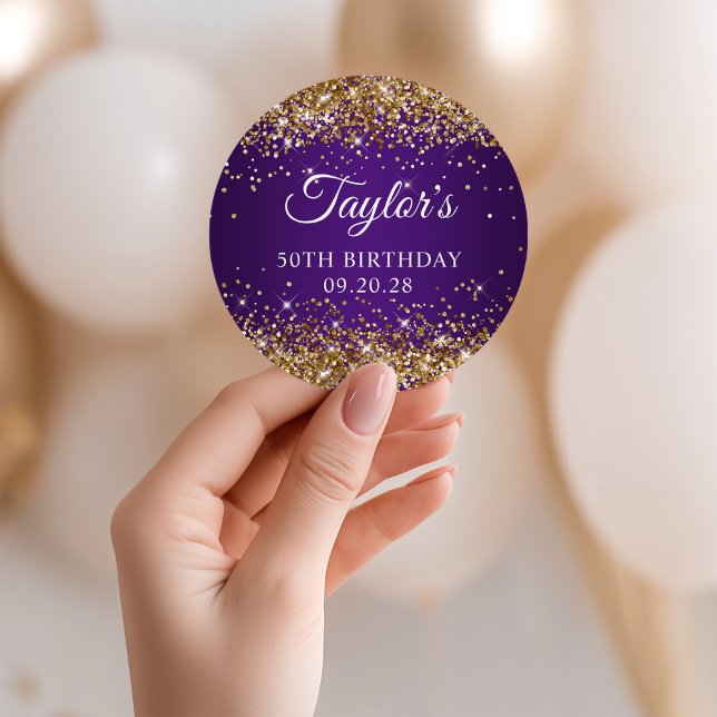 Gold Glitzer Royal Lila 50. Geburtstag Runder Aufkleber (Gold Glitter Royal Purple 50th Birthday Classic Round Sticker)