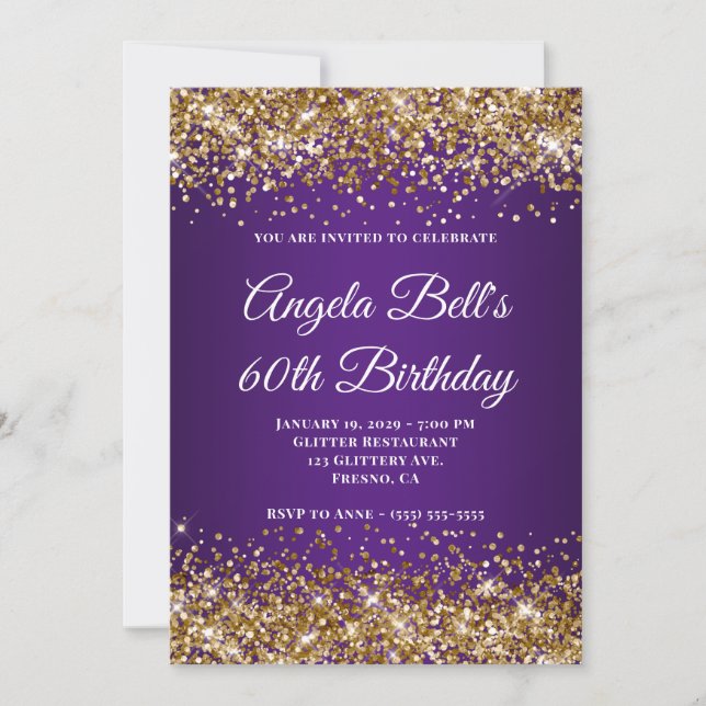 Gold Glitzer Royal Lila Monogram 60. Geburtstag Einladung (Vorderseite)