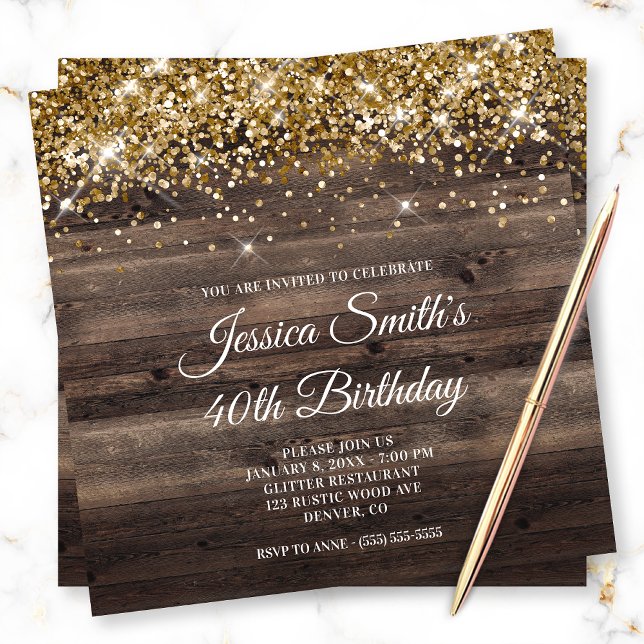 Gold Glitzer Rustic Bistre Brown Wood Geburtstag Einladung (Von Creator hochgeladen)