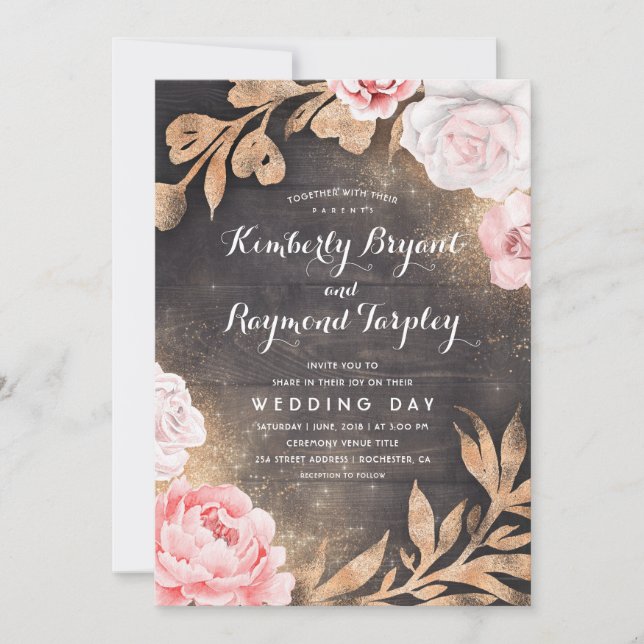 Gold Glitzer | Rustikale Hochzeit mit Flora Einladung (Vorderseite)