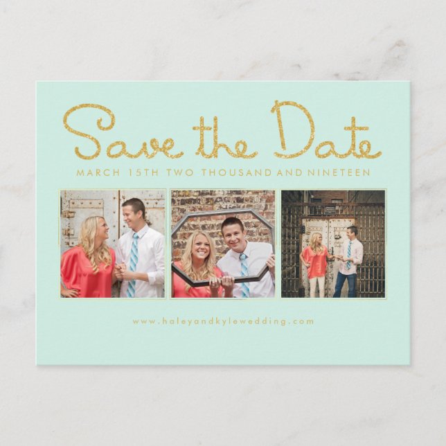 Gold Glitzer Save the Date Minze Script Fotokarten Ankündigungspostkarte (Vorderseite)