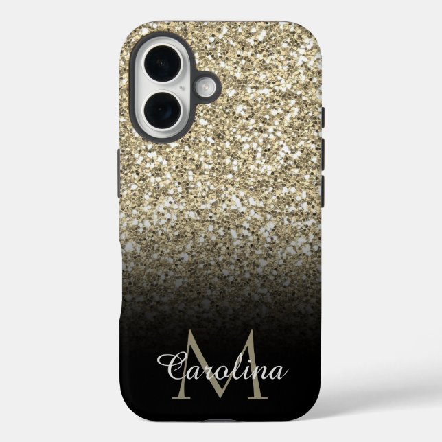 Gold, Glitzer, schwarz, Personalisiert iPhone 16 Hülle (Rückseite)