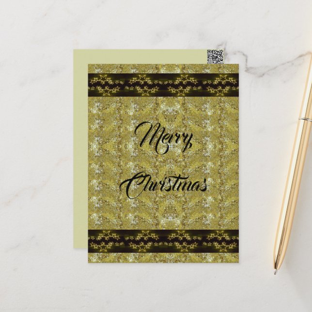 Gold Glitzer, schwarzes Band und Sterne, minimalis Postkarte (Vorderseite/Rückseite Beispiel)