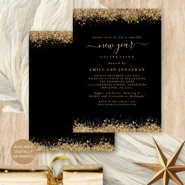 Gold Glitzer Script Black Silvester Party Einladung (Front and back view. Available digitally or printed)