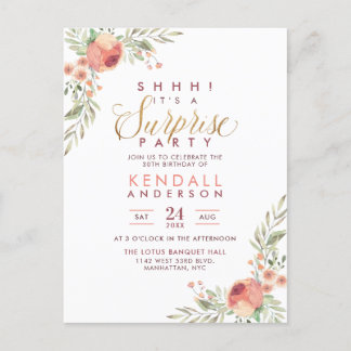 Gold Glitzer Script Floral Überraschung Geburtstag Einladungspostkarte