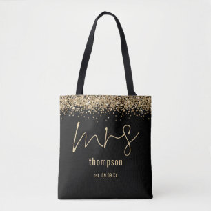 Gold Glitzer Script Mrs. Name Date Bride Black Tasche