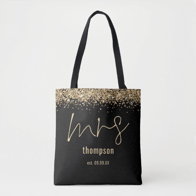 Gold Glitzer Script Mrs. Name Date Bride Black Tasche (Vorderseite)