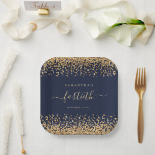 Gold Glitzer Script Navy Blue Glam 40. Party Pappteller