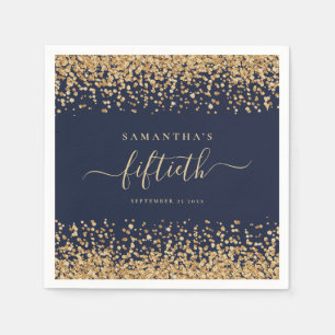 Gold Glitzer Script Navy Blue Glam 50. Party Serviette