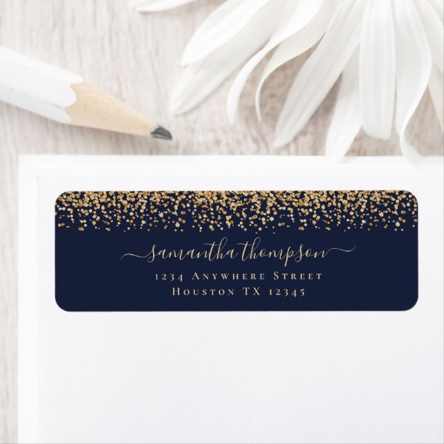 Gold Glitzer Script Navy Blue Name Rücksendeadress (Insitu)