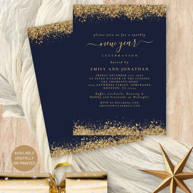 Gold Glitzer Script Navy Blue Silvester Party Einladung (Front and back view. Available digitally and printed.)