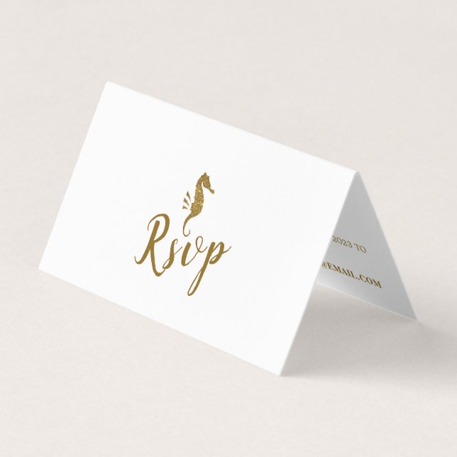 Gold-Glitzer-Seepferd mit Foto-RSVP-Karte Visitenkarten (Vorderseite)
