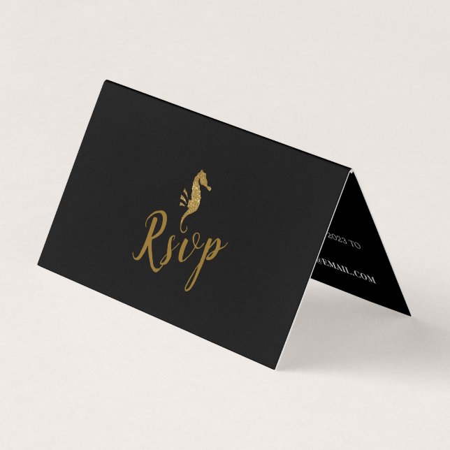 Gold-Glitzer-Seepferd mit Foto-RSVP-Karte Visitenkarten (Vorderseite)