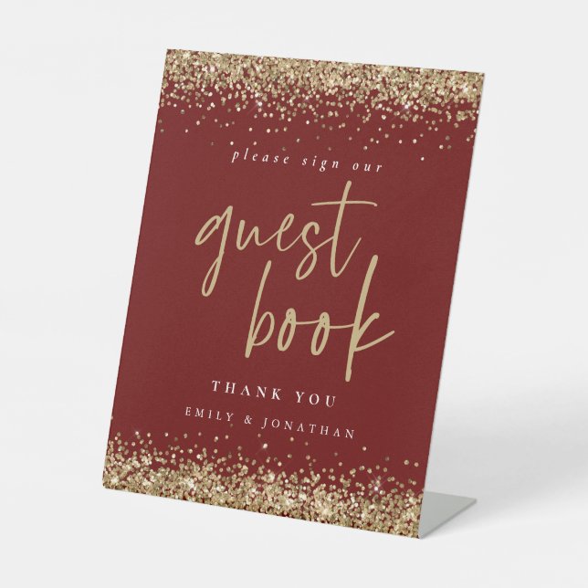 Gold Glitzer Sign Gästebuch Burgundy Wedding Sockelschild (Vorderseite)