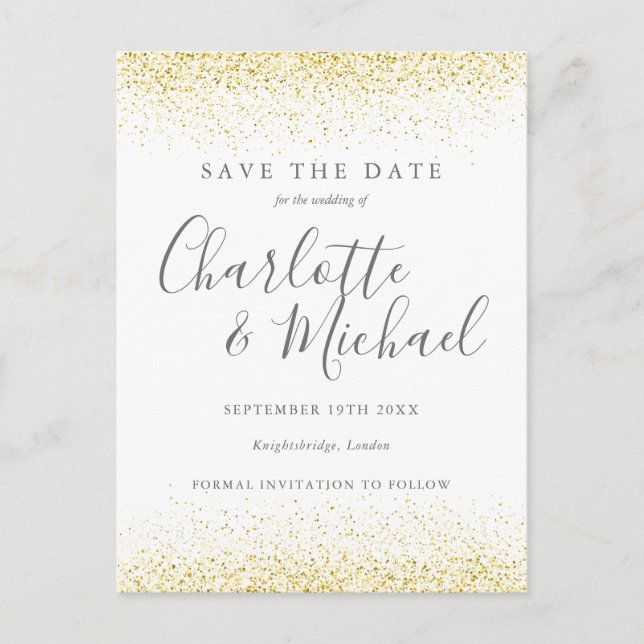 Gold Glitzer Signature Wedding Save the Date Card Postkarte (Vorderseite)