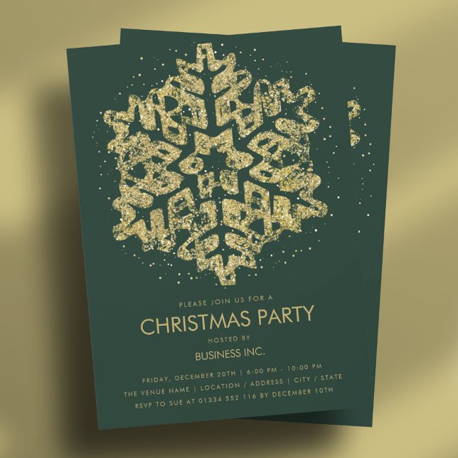 Gold Glitzer Snowflake Weihnachts-Party Grün Einladung (Gold Glitter Snowflake Christmas Party Green Invitation)