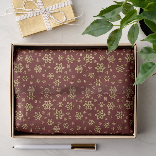 Gold Glitzer Snowflakes/Dark Maroon Red Seidenpapier (Geschenk)