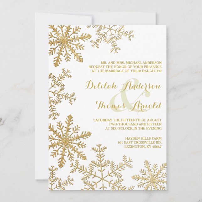 Gold Glitzer Snowflakes - Elegante Winterhochzeit Einladung (Vorderseite)
