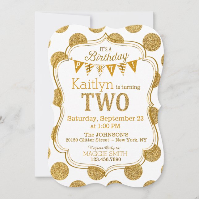 Gold Glitzer Sparkle 2. Geburtstag Einladung (Vorderseite)