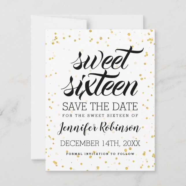 Gold Glitzer Sparkle Confetti Sweet 16 Rett Date Save The Date (Vorderseite)