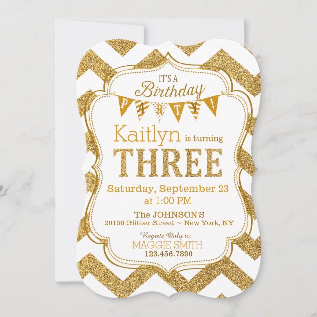 Gold Glitzer Sparkle Zickzack Dritter Geburtstag E Einladung (Vorderseite)