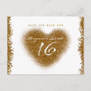 Gold Glitzer Spill Sweet 16 Herz Save the Date Ankündigungspostkarte