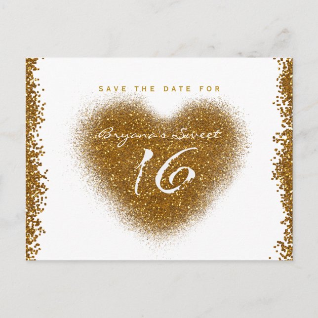Gold Glitzer Spill Sweet 16 Herz Save the Date Ankündigungspostkarte (Vorderseite)
