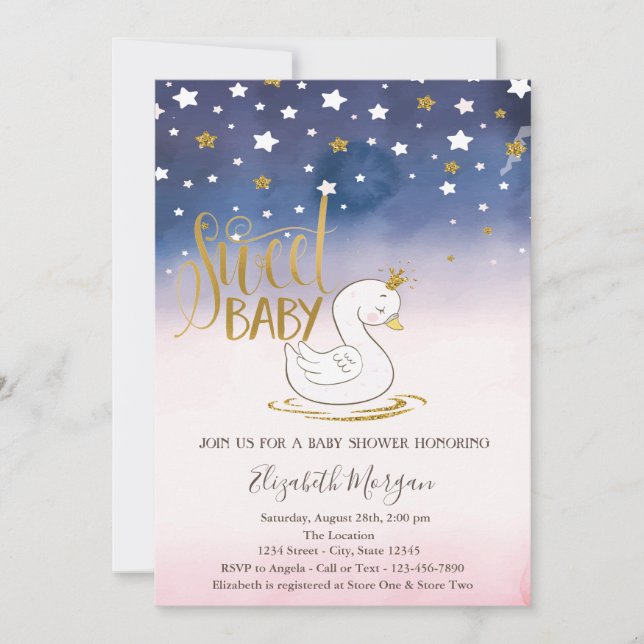 Gold Glitzer Star, Swan Baby Dusche Einladung (Vorderseite)