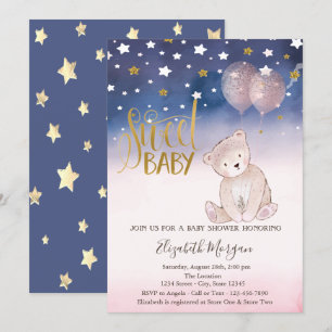 Gold Glitzer Star, Teddy Bear Balloons Babydusche Einladung
