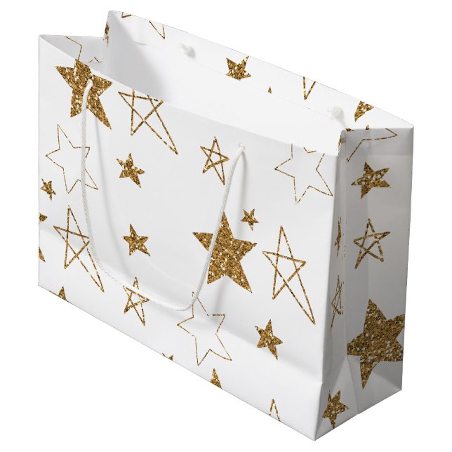 Gold Glitzer Stars Große Geschenktüte (Vorderseite Schrägansicht)