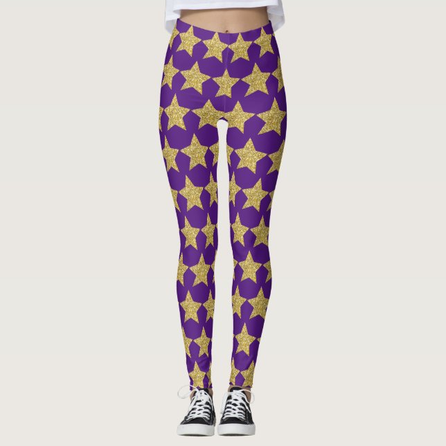Gold Glitzer Stars Lila Leggings (Vorderseite)