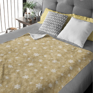 Gold Glitzer Stars Snowflakes Fleece Blankon