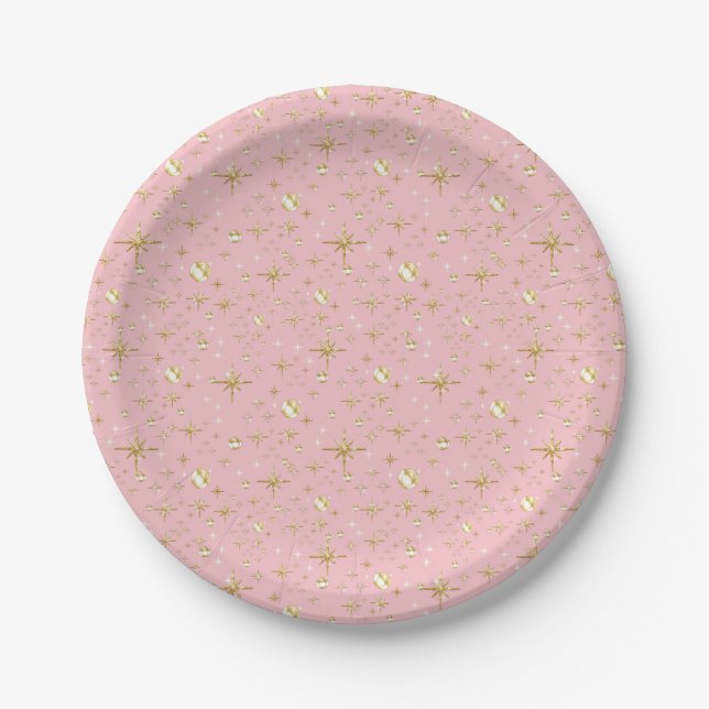 Gold-Glitzer-Sterne, rosa und goldfarben Pappteller (Vorderseite)