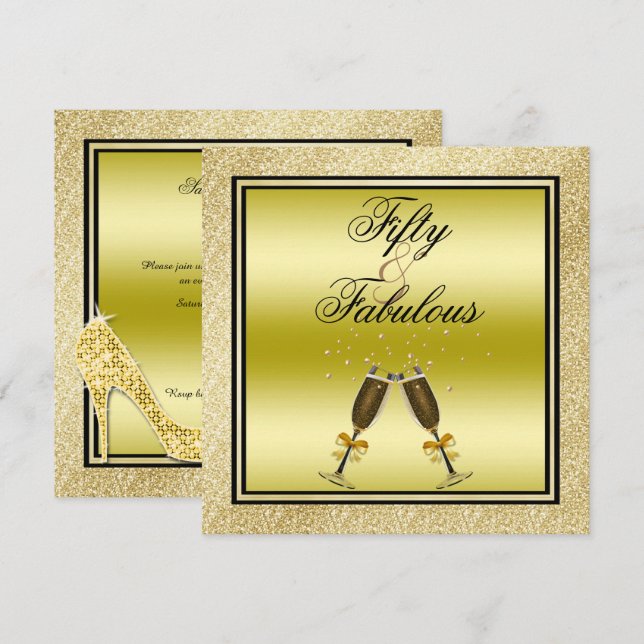 Gold Glitzer Stiletto & Champagne Fabulous 50 Einladung (Vorne/Hinten)
