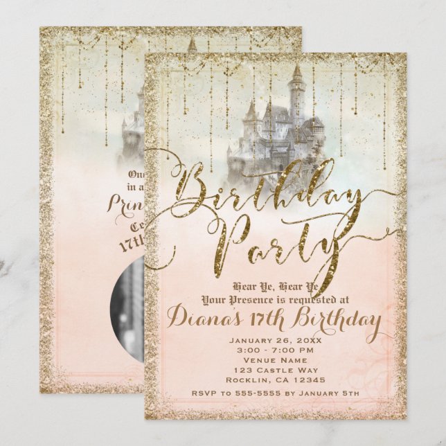 Gold Glitzer Storybook Burg Birthday Party Foto Einladung (Vorne/Hinten)