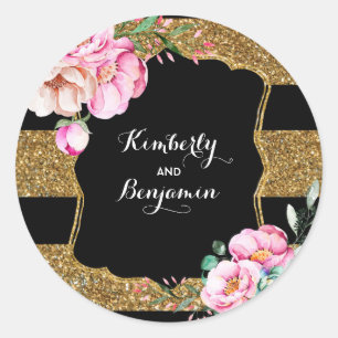 Gold Glitzer Streifen und rosa Blume Vintag Chic Runder Aufkleber