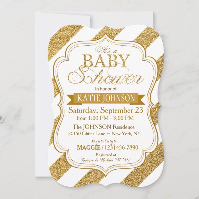 Gold Glitzer Stripe Babydusche Einladung Karte (Vorderseite)