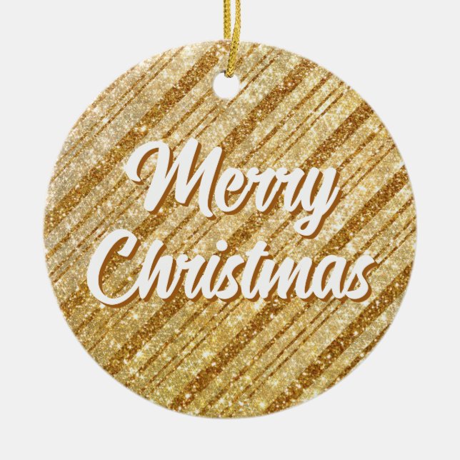 Gold Glitzer Stripes Frohe Weihnachten Couple Foto Keramik Ornament (Vorne)