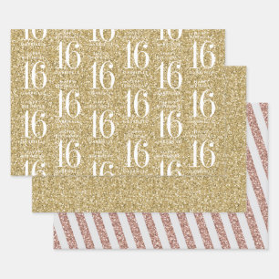Gold Glitzer Süß 16 Personalisierte Streifen Geschenkpapier Set