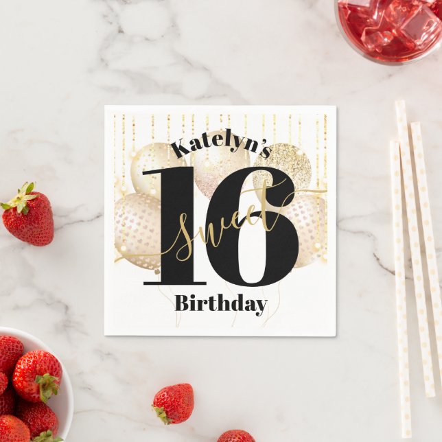 Gold Glitzer Sweet 16 Birthday Balloons White Bold Serviette (Beispiel)