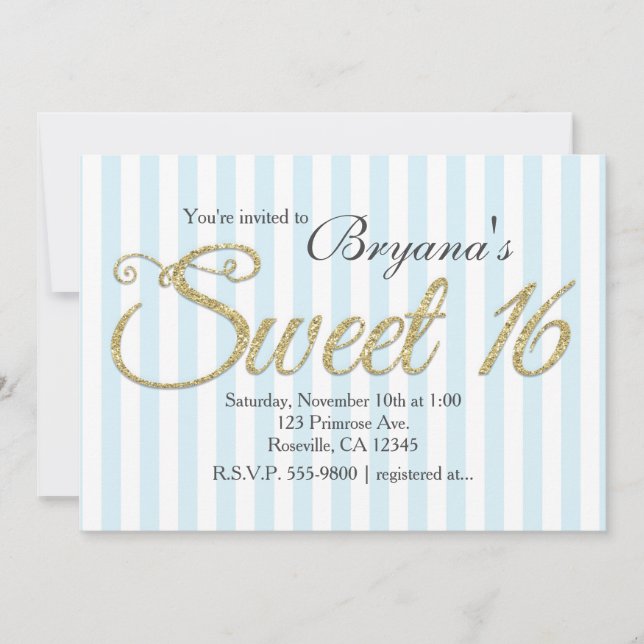 GOLD GLITZER SWEET 16 Blue Party Einladungen (Vorderseite)