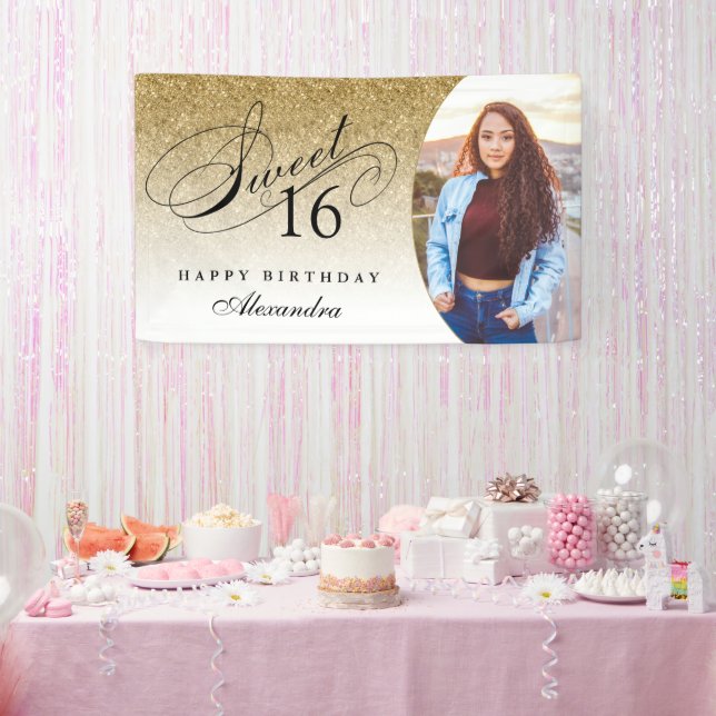 Gold Glitzer Sweet 16 Personalisiert Foto Banner (Party)