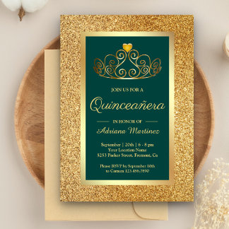 Gold Glitzer Tiara Princess Aquamarin Quinceanera Einladung