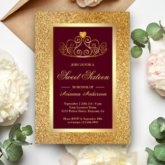 Gold Glitzer Tiara Princess Burgundy 16 . Geburtst Einladung
