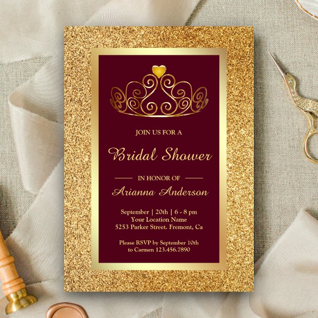 Gold Glitzer Tiara Princess Burgundy Brautparty Einladung (Von Creator hochgeladen)